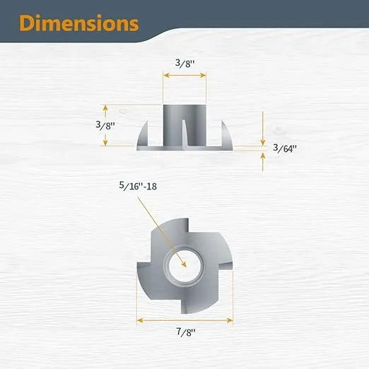 POWERTEC QTN1103 4 T 50 Pack | Pronged Tee Nuts 5/16 Inch-18 & 3/8-Inch – Threaded Inserts for Climbing Holds and Wood Working, 5/16"-18 x 3/8", (Pack of 50)
