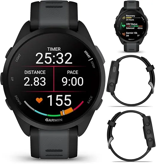 Garmin Forerunner 165 Music Running Smartwatch, Colorful AMOLED Touchscreen, Training Metrics and Recovery Insights Includes Wearable4U PowerPack +Adapters Bundle, Black/Slate Gray