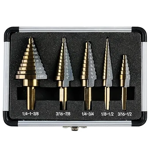 Step Drill Bits, HSS 5PCS Titanium Step Drill Bit Set, 50 Sizes in 5 High Speed Steel Unibit Drill Bits Set for Sheet Metal with Aluminum Case, Multiple Hole Stepped Up Bits for DIY Lovers