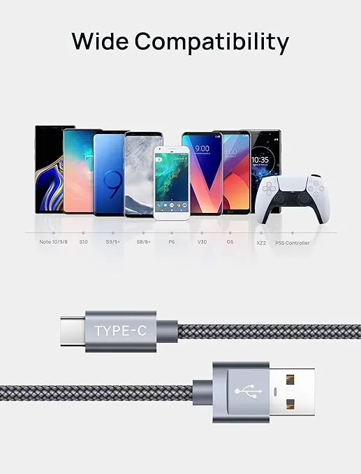 USB Type C Cable 3A Fast Charging, JSAUX USB C Cable[2-Pack 6.6Ft] USB-A to USB-C Charge Nylon Braided Cord Compatible with Samsung Galaxy S20 S10 S9 S8,Note 10 9 8, LG,USB C Charger and More-Grey