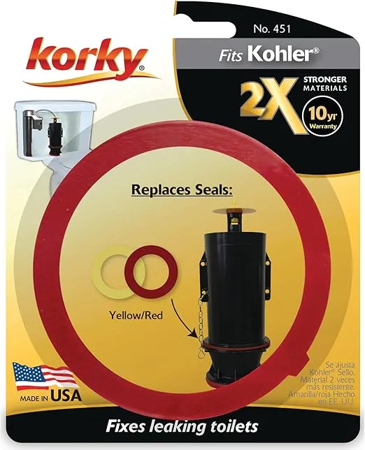 Korky 2X Long Life Toilet Flush Valve Seal Fits Kohler - Fixes Leaking Tower Style Flush Valves and Hard-to-Flush Toilets - Easy to Install - Made in USA- 451, Red