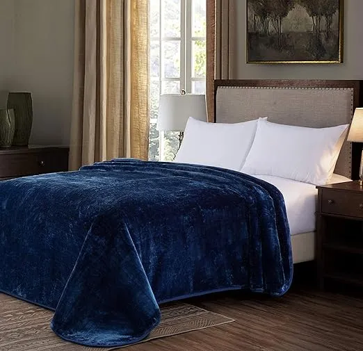 Chezmoi Collection Heavy Single Ply 9 Lbs Korean Style Faux Mink Blanket, 750GSM Thick Silky Soft Plush Raschel Mink Blanket, 85" x 95" King, Solid Navy