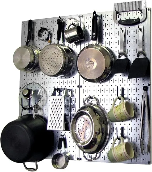 Wall Control Kitchen Pegboard Organizer Pots and Pans Pegboard Pack Storage and Organization Kit with Metallic Silver Pegboard and Black Accessories