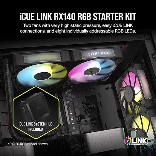 CORSAIR iCUE Link RX140 RGB 140mm PWM Fans with iCUE Link System Hub - Magnetic Dome Bearing - Dual Pack - Black