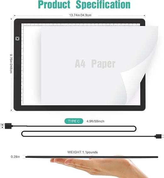 comzler A4 LED Light Board, 3 Level Dimmable Brightness USB Power Artcraft Light Table for Tracing, Light Drawing Sketch Pad for Animation, Sketching, Drawing, Stenciling, Artists - Black