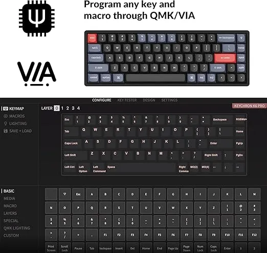 Keychron K6 Pro QMK/VIA Wireless Mechanical Keyboard, Custom Programmable Macro, Hot-Swappable Keychron K Pro Blue Switch, 65% Layout Aluminum Frame RGB Backlit Office Keyboard for Mac Windows Linux