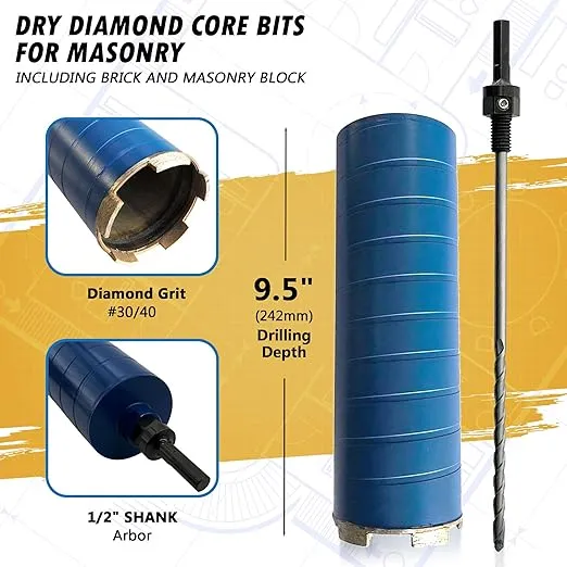 4" Dry Diamond Core Drill Bits for Brick and Block with 1/2" Shank Pilot Bit Adapter, 9.5" Drilling Depth, 5/8"-11 Arbor