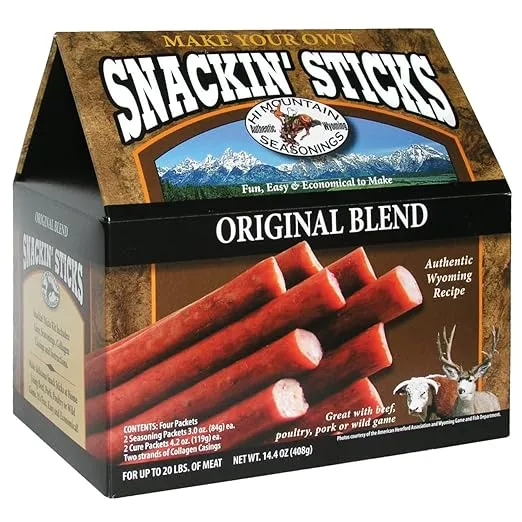 Hi Mountain Seasonings ǀ Snack Stick Seasoning Kit ǀ ORIGINAL BLEND ǀ Includes Seasoning, Cure, Casings, & Directions ǀ Seasons up to 20lbs of Meat ǀ Beef, Pork, Venison, Deer, & Wild Game