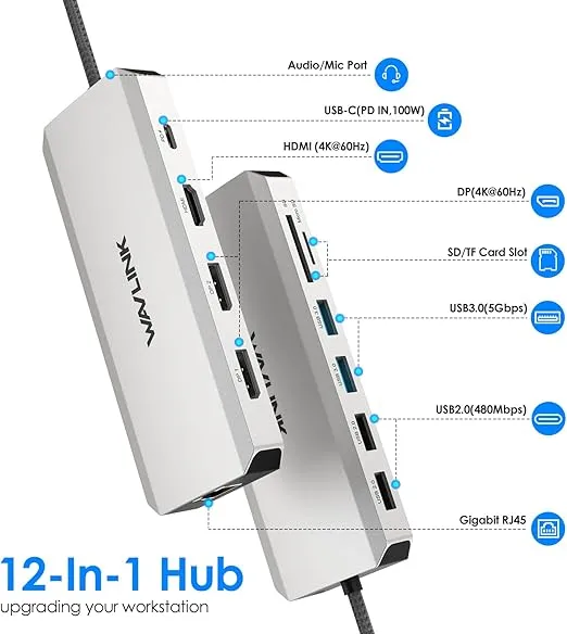 Laptop Docking Station,12 in 1 Triple Display USB C Hub for Windows with Dual DP, HDMI, 100W PD Charger, Gigabit Ethernet, USB3.0/2.0 Ports, SD/TF Card Reader, Mic/Audio for Lenovo HP Dell