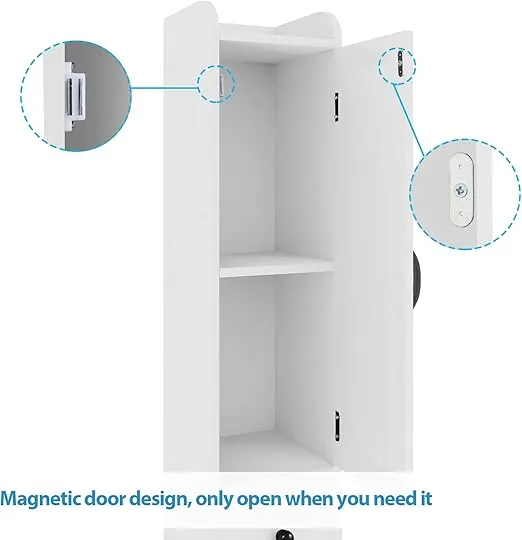 Bathroom Cabinet with Adjustable Shelf, Storage Cabinet for Small Space, Tall Cabinet with Retractable Toilet Paper Rod, Narrow Cabinet with 2 Doors, 8 Compartments (White)