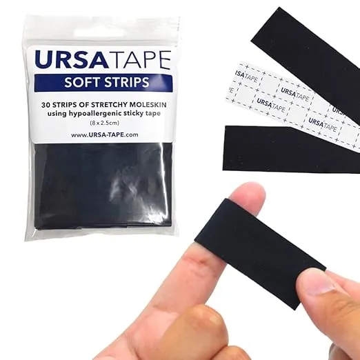 URSA Tape Stretchy Moleskin Fabric Tape | 30 Blister Tape Strips, Heavy-Duty Blister Prevention Tape, No-Residue Blister Bandages for Feet & Body Tape for Fabric | Black Moleskin Tape (3.14 x 0.98in)