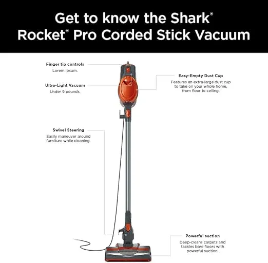 Shark HV302 Rocket Pet Corded Stick Vacuum, Lightweight with Swivel Steering for Carpets & Hard Floors, Converts to Hand Vacuum, Includes Crevice Tool, Pet Multi-Tool & Precision Duster, Orange