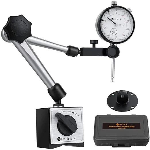Neoteck 0-1 Inch Dial Indicator with Magnetic Base Holder, Storage Case, Graduation 0.001", 3/8" Stem Dia., 176lbs (80kg) Max Pull, for 3D Printer Lathe Workshop Woodworking CNC Machine-Silver