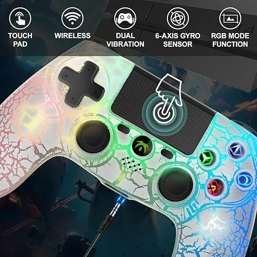 Wireless Controller for PS4/PS4 Pro/PS4 Slim, RGB Wireless Remote Gamepad with Unique Cracked Design/Dual Vibration/6-Axis Motion Sensor/Audio Function, Game Controller Widely Compatible with PC/iOS/Android