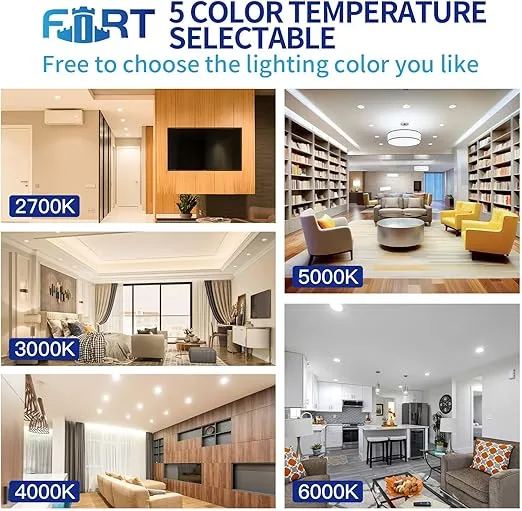 FORT LED Recessed Lighting 6 Inch with Junction Box 12 Pack, Ultra-Thin 5CCT 2700K/3000K/4000K/5000K/6000K Selectable, 15W Eqv 140W, Dimmable LED Can Lights, 1350LM High Brightness Downlight ETL