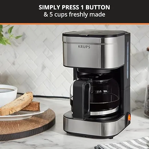 KRUPS Simply Brew Compact 5 Cup Coffee Maker: Stainless Steel Design, Pause & Brew Function, Keep Warm Feature, Reusable Filter, and Drip-Free Carafe for Effortless Morning Brew and Easy Cleaning