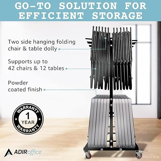AdirOffice Combo Cart for Chairs & Tables - Foldable Seat & Table Wheeled Caddy - Steel Body Truck with Locking Swivel Caster Wheels - 600 Lbs Weight Capacity - Quick & Easy Assembly