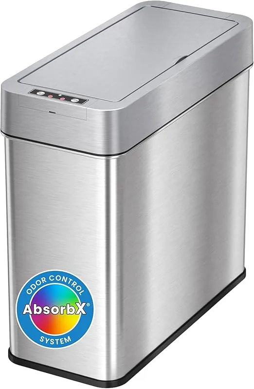 iTouchless 4 Gallon Bathroom Trash Can with Lid and Odor Filter, Lid Opens Left, 15 Liter Stainless Steel Slim Automatic Small Waste Basket Dustbin for Bedroom Home Office Living Room Garage