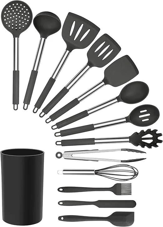 MegaChef Tool Black Utensil Set, 14 Piece, Gray and Stainless Steel