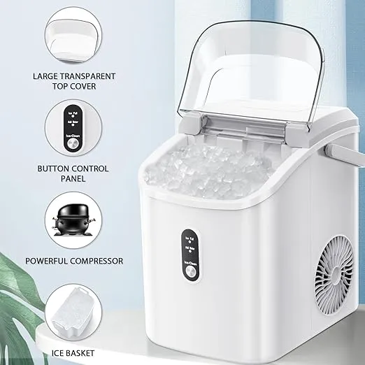 Nugget Countertop Ice Maker with Chewable Pellet Ice, Portable Ice Machine Pebble Ice with Self-Cleaning, 34Lbs/24H, One Button Operation, for Kitchen, Home White