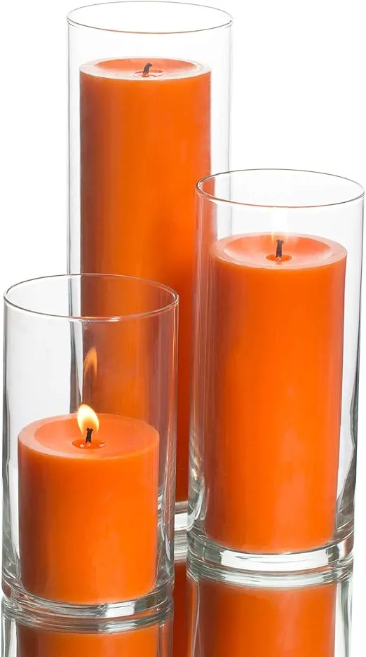 Set of 3 Glass Eastland Cylinder Vases and 3 Richland Orange Pillar Candles 3"