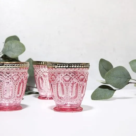 Koyal Wholesale Shabby Chic Vintage Glass Votive Candle Holders Beaded Rim Set of 6, Antique Bulk Tealight Holders, Tablescapes, Wedding, Home Decor, Restaurant (Frosted Pink with Gold Rim)