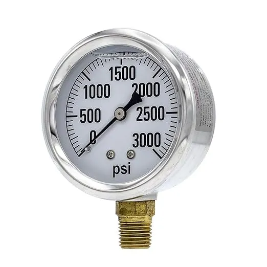 PIC Gauges AG-201L-254P Bottom Mount Glycerin Filled Single Scale Pressure Gauge w/ SS Case/Bezel, Brass Internals, Plastic Lens, 2.5" Dial, 1/4" Male NPT, 0-3000 psi Range