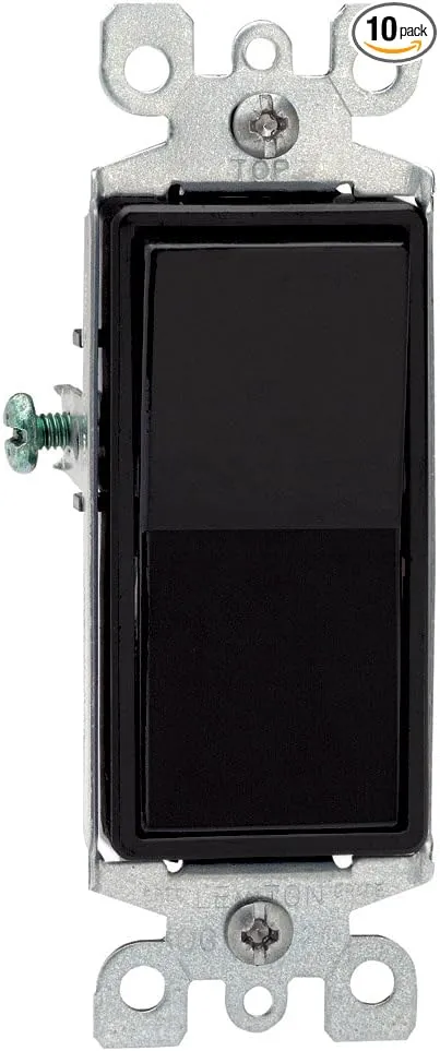 Leviton 5601-2E 15 Amp, 120/277V, Decora Rocker Single-Pole AC Quiet Switch, Residential Grade, Grounding (10 Pack), Black