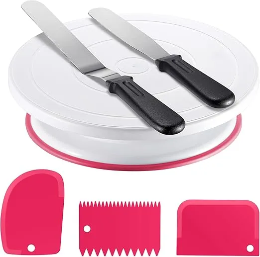 Kootek Cake Decorating Kit Baking Supplies Cake Turntable with 2 Frosting Straight Angled Spatula 3 Icing Smoother Scrapers Baking Accessories Tools for Beginners and Pros, Pink