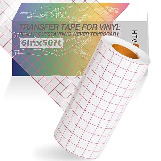 Clear Vinyl Transfer Paper Tape Roll 6" x 50 Feet Clear w/Red Alignment Grid - Application Transfer Tape Perfect for Self Adhesive Vinyl for Signs Stickers Decals Walls Doors & Windows