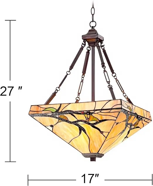 Robert Louis Tiffany Bronze Pendant Chandelier 17" Wide Tiffany Style Budding Branch Triangle Stained Glass 3-Light Fixture for Dining Room House Foyer Kitchen Island Entryway Bedroom Living Room