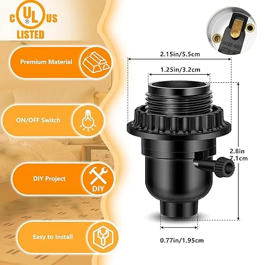 UL Listed E26 Light Socket, Threaded Lamp Socket Replacement with ON/Off Switch Medium Base Lamp Parts with Lamp Shade Ring Ring for Table lamp, Floor lamp, Light Fixture, Black 1-Pack