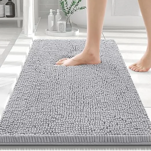 Smiry Luxury Chenille Bath Rug 30''x20'', Extra Soft and Absorbent Shaggy Bathroom Mat Rugs, Machine Washable, Non-Slip Plush Carpet Runner for Tub, Shower, and Bath Room, Grey