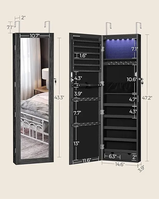 SONGMICS 6 LEDs Mirror Jewelry Cabinet, 47.2-Inch Tall Lockable Wall or Door Mounted Jewelry Armoire Organizer with Mirror, 2 Drawers, Christmas Gifts,3.9 x 14.6 x 47.2 Inches, Black UJJC093B01