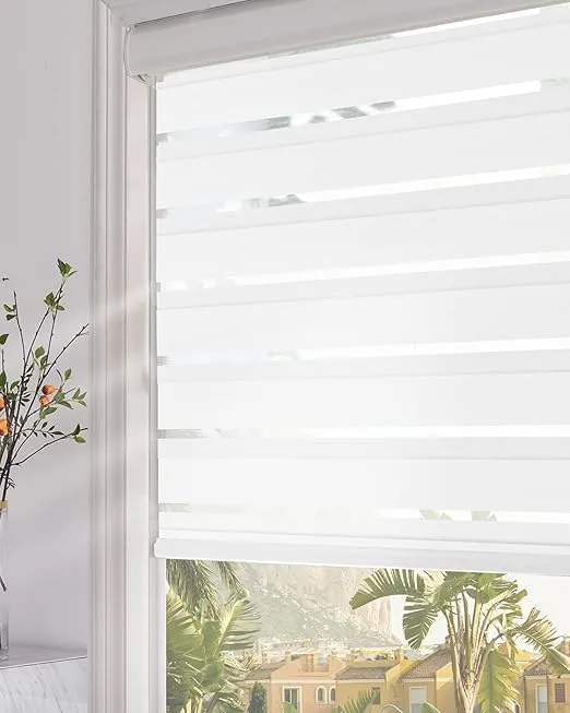 Persilux Custom Size Zebra Roller Blinds Dual Layer Roller Sheer Shades (27" W X 72" H, White) Privacy Light Filtering for Day and Night Roller Shades for Home and Office