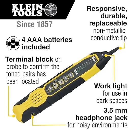 Klein Tools VDV500-920 Wire Tracer Tone Generator and Probe Kit Continuity Tester for Ethernet, Internet, Telephone, Speaker, Coax, Video, and Data Cables, RJ45, RJ11, RJ12