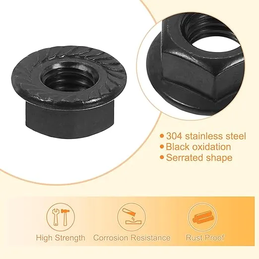 uxcell M8x1.25mm Serrated Flange Hex Lock Nuts, 20Pcs 304 Stainless Steel Non-Slip Metric Hexagon Flange Nut, Full Thread, Bright Finish, Black