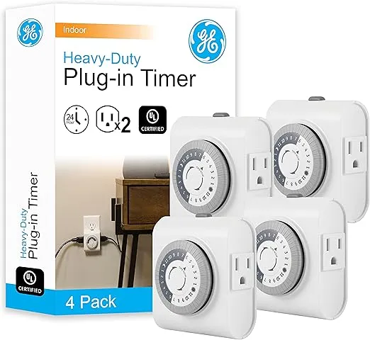 GE 24-Hour 2 Grounded Outlets Mechanical Outlet Timer, Timers for Electrical Outlets Indoor, Light Timers Indoor, Daily ON/OFF Cycle, Timer for Lights Inside, Christmas Tree Timer, 4 Pack, 66405