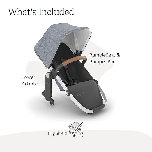 UPPAbaby RumbleSeat V2+ Second Lower Seat/Compatible with Vista V2 and Vista V3 / Adapters, Bumper Bar, Bug Shield Included/Gregory (Blue Mélange/Silver Frame/Saddle Leather)