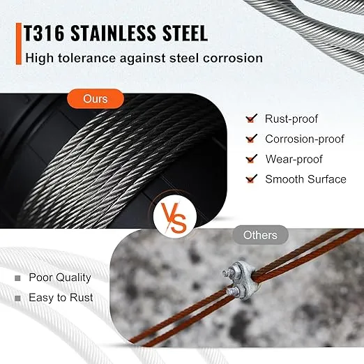VEVOR 5/32 Stainless Steel Cable, 500FT T316 Wire Rope 1x19 Marine Grade Steel Cable for Deck Railing Brackets Handrail Stair DIY Balustrade