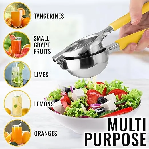 Zulay Lemon Squeezer Stainless Steel with Premium Heavy Duty Solid Metal Squeezer Bowl and Food Grade Silicone Handles - Large Manual Citrus Press Juicer and Lime Squeezer Stainless Steel (Yellow)