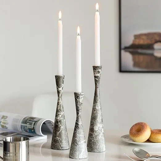 Set of 3 Decorative Resin Taper Candle Holders, Marble Design Modern Candlesticks, Gray