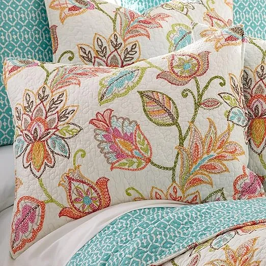 Levtex Home - Sophia Quilt Set - Full/Queen Quilt 88x92in. + Two Standard Pillow Shams 26x20in. - Floral - Orange, Yellow, Red, Green, Teal, and White - Reversible - Cotton Fabric