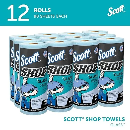 Scott 32896 Shop Towels, Glass, 1-Ply, 8.6-Inch x 11-Inch, Blue, 90 Sheets/Roll, 12 Rolls/Carton