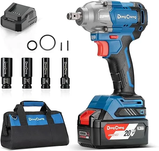 Dong Cheng 20V Cordless Impact Wrench, Max Torque 360 ft-lbs (488N.m), 1/2 inch with 3 Mode Speed, 2400 RPM Brushless Impact Gun, Includes 4.0Ah Battery, Charger, 4 Impact Sockets and Kit Bag