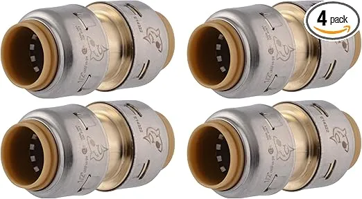 SharkBite Max 1/2 Inch Coupling, Pack of 4, Push to Connect Brass Plumbing Fitting, PEX Pipe, Copper, CPVC, PE-RT, HDPE, UR008A4