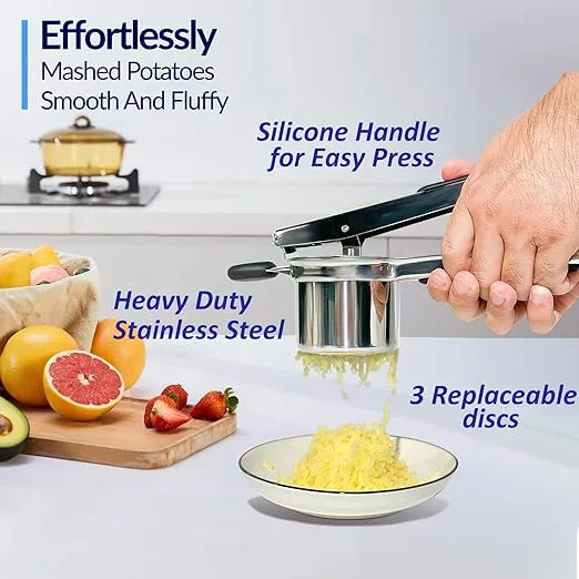 Potato Ricer, Ricer for Mashed Potatoes, 3 Interchangeable Discs Potato Ricer Stainless Steel for Fluffy Mashed Potatoes, Heavy Duty Spaetzle Maker with Silicone Handle, for Gnocchi Spaghetti