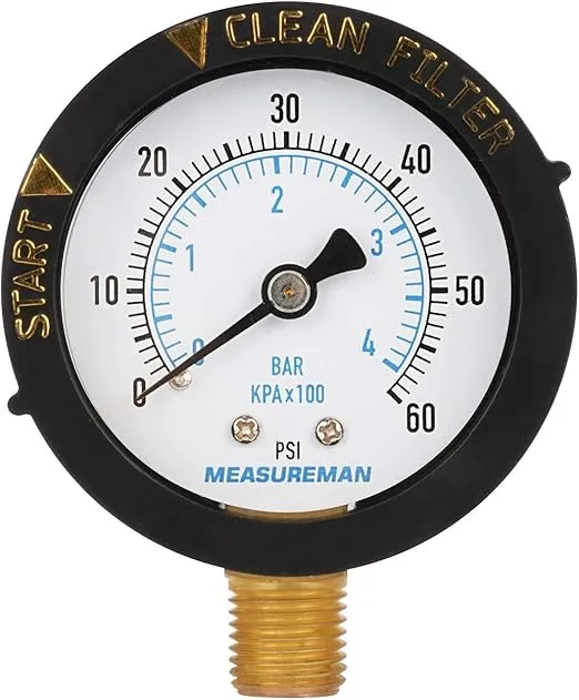 MEASUREMAN 2" Start and Clean Filter Pressure Gauge, Swimming Pool Filter Pressure Gauge, Spa, Aquarium, Water Pressure Gauge, 1/4" NPT Lower Mount 0-60Psi/bar
