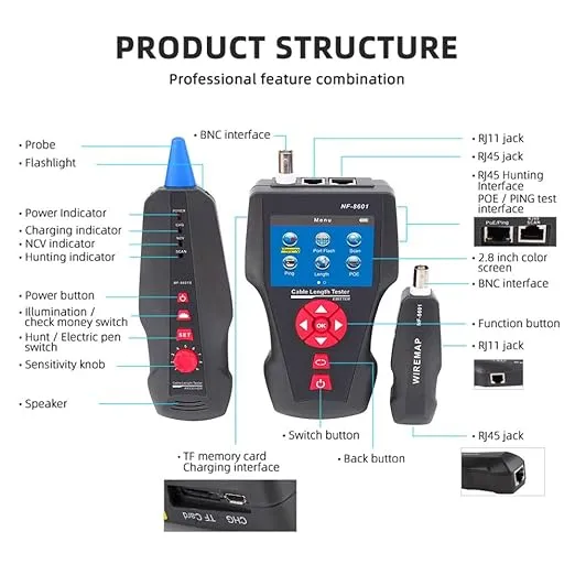 NOYAFA NF-8601W Network Cable Tester TDR Multifunctional Network Cable Tester for RJ45, RJ11, PING/POE/BNC 8 identifiers LAN Ethernet Cable Tester Phone Line TracerAT226-C