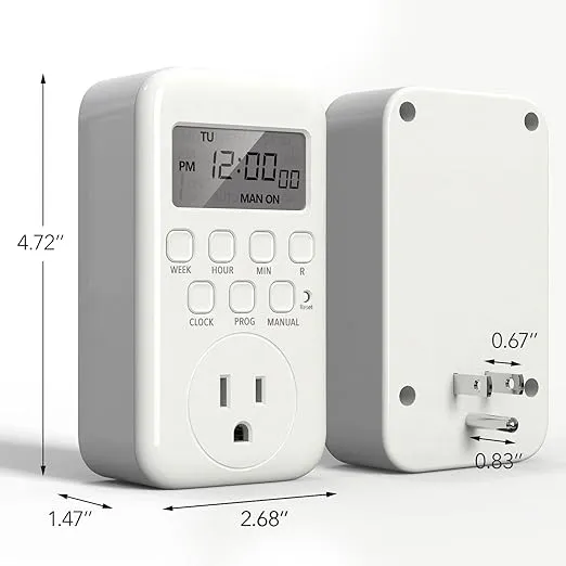 BN-LINK Digital Timer Outlet, 7 Day Heavy Duty Programmable Timer, On/Off Programs 3-Prong Grounded, Indoor, for Lamp, Light, Fan, Pets, Home, Kitchen, Office, Appliances, 125V, 15A, 1875W, 60Hz